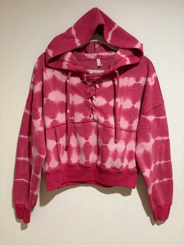 Free People Movement Pink Believer Lace Up Cropped Pullover Hoodie Sweatshirt XS - Image 4