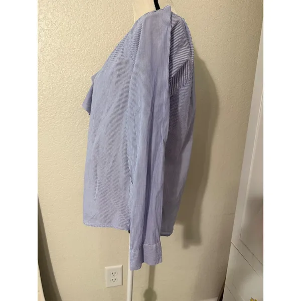 LOFT Womens Blue White Striped Ruffle Front‎ Button Down Cotton Blouse Size M - Image 3