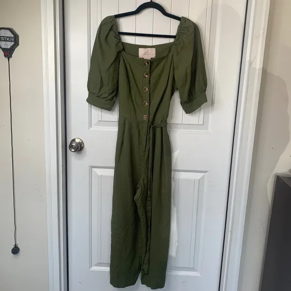 Gal Meets Glam‎ Anthropologie linen green puff sleeves jumpsuit size 6 vacation - Image 2