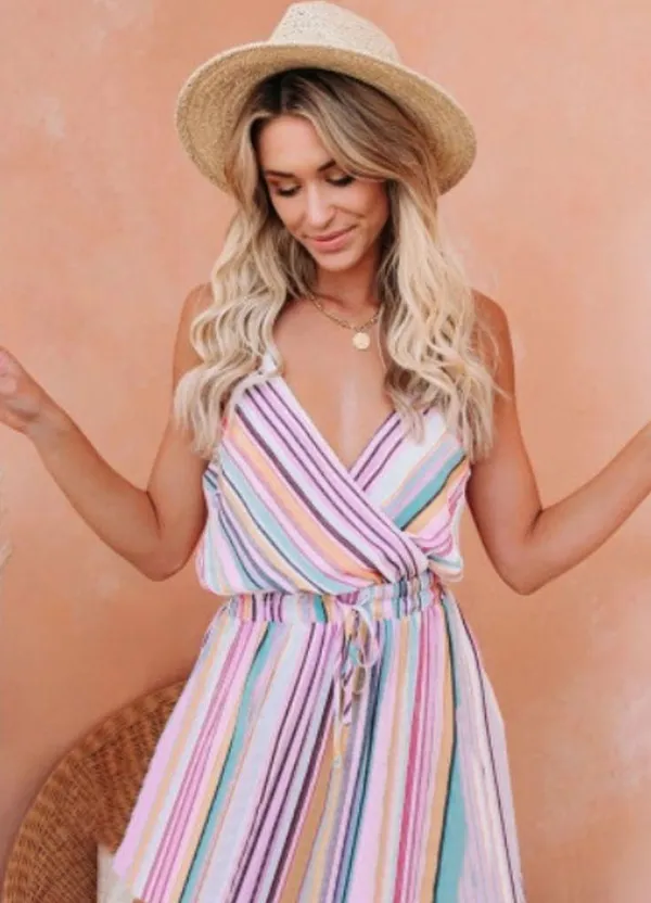 Pink multicolor striped spaghetti strap mini dress - Image 3