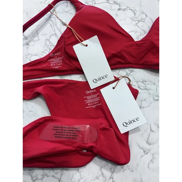 NWT Quince Cherry Red Italian V Neck Bikini Top & High Leg Bottom Set Size XS - Image 3