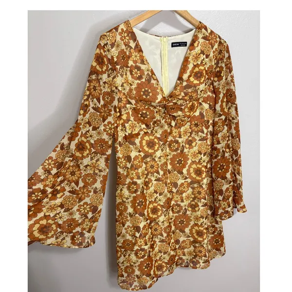 Retro Mini Dress Brown Mod Floral 70s Boho Bell Sleeve Groovy Festival Hippie L - Image 2
