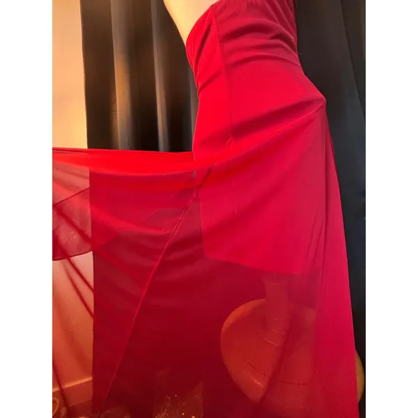 Red Strapless Ruched High Low‎ Evening Gown with Crystal Brooch Accent - Image 8