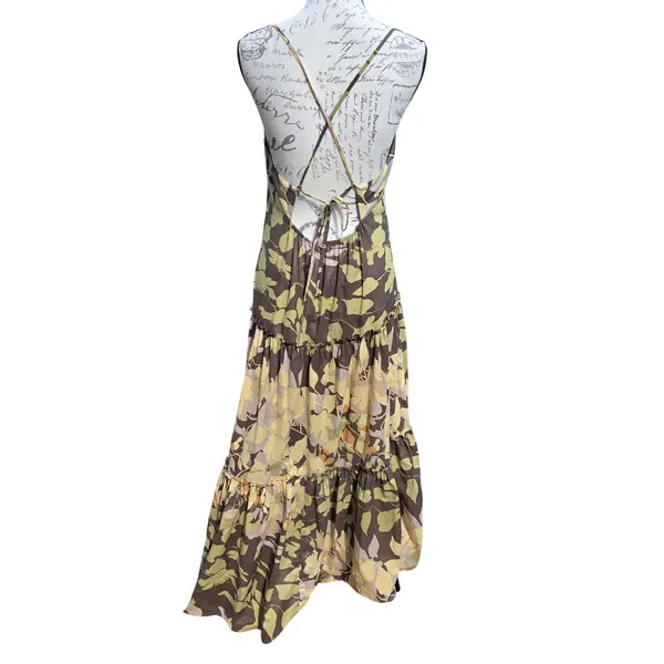 BCBGMAXAZRIA Brown Floral Tiered Maxi Dress Silk Lining Open Back Size Medium - Image 7