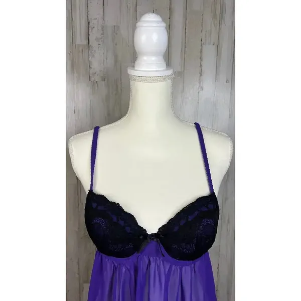 Ambrielle Women's‎ Medium Purple & Black Lace Babydoll Dress Nightgown - Image 3