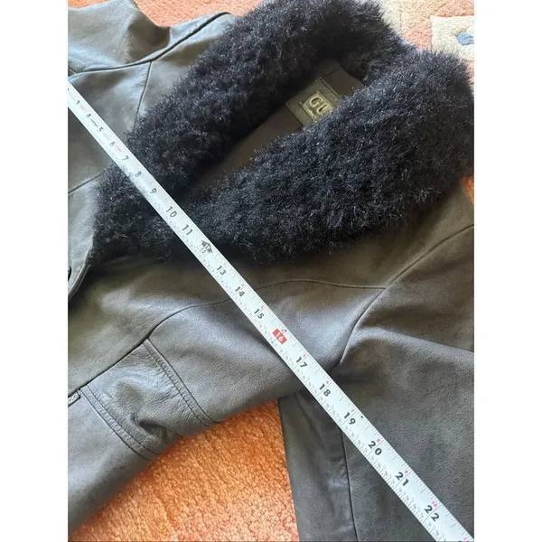 GUESS Dark Olive Genuine Leather Jacket with Black Faux Fur Collar Size S - Image 6