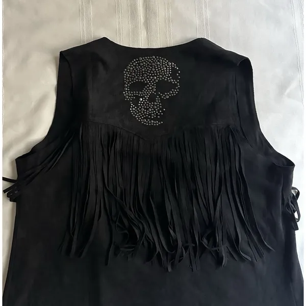 Vocal Women’s Black Sleeveless Fringe Rhinestone Skull Open Front Vest SZ XL EUC - Image 6