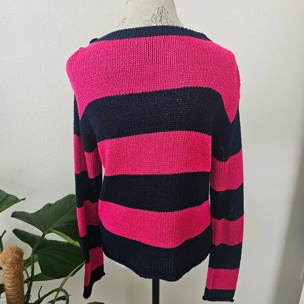 Lauren Ralph Lauren Pink & Navy Striped Button Shoulder Sweater – Size M - Image 3