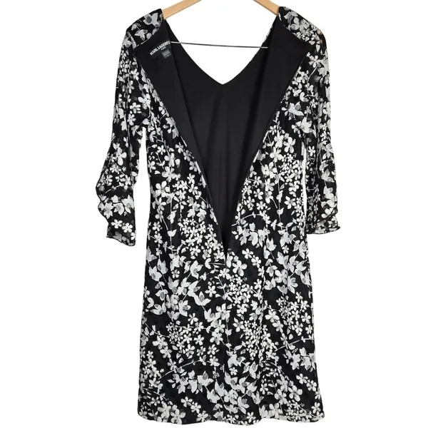 Karl Lagerfeld Paris Black White Floral Lace V Neck 3/4 Sleeve Carys Dress‎ 6 - Image 3