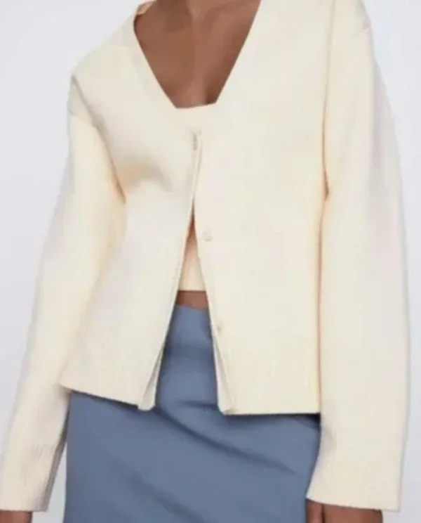 Zara Knit Ribbed Boxy Cardigan Jacket Cream Size Small - Image 2