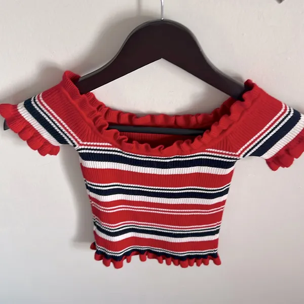 Almost Famous Y2K Striped Off the Shoulder Ribbed Knit Sweater Crop Top - Image 4