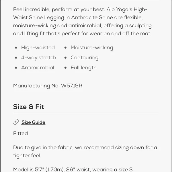 Alo Yoga High-Waist Shine‎ Legging in Anthracite Shine nwot - Image 5