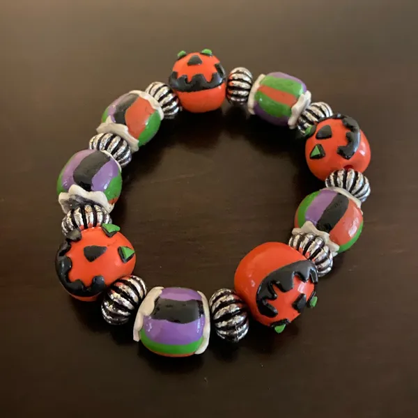 Halloween Pumpkin Stretch Bracelet Chunky Bauble Beaded Costume Jewelry - Image 2