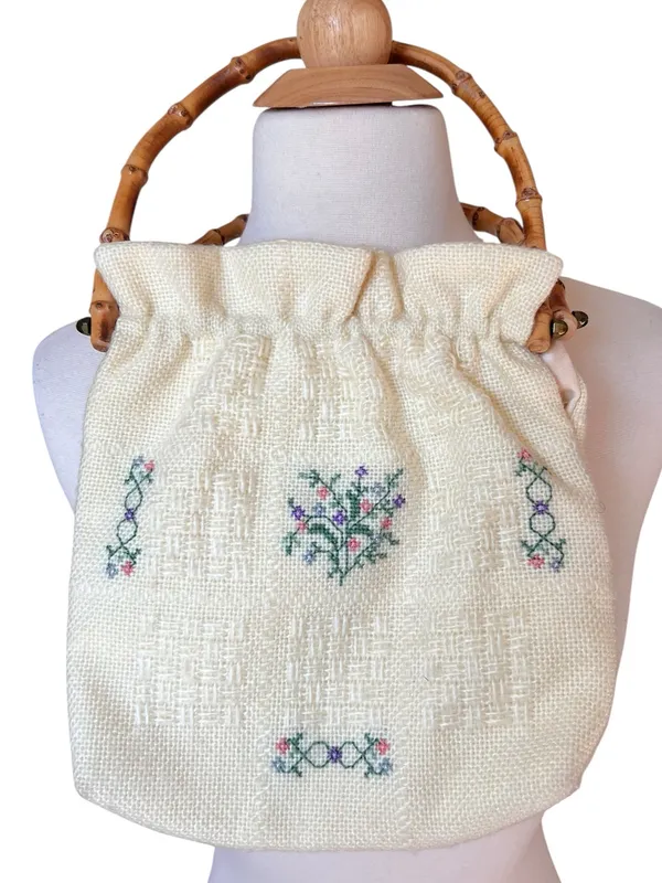 Vintage Monogram “S” Embroidered Cross Stitch Bamboo Handle Cottagecore Bag - Image 12