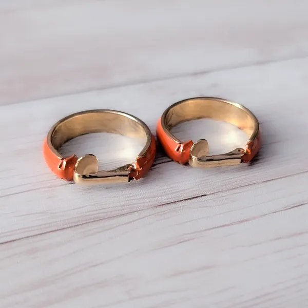 Vintage Clip On Earrings Retro Darker Shade of Orange & Gold Tone Hoops 1" - Image 4