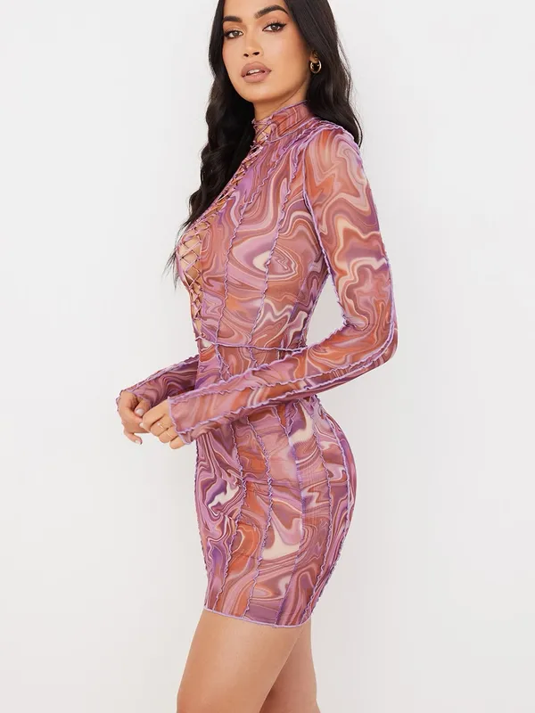 NWT House of CB Dylan Purple Printed Mesh Lace Up Mini Dress Size‎ 4 - Image 2