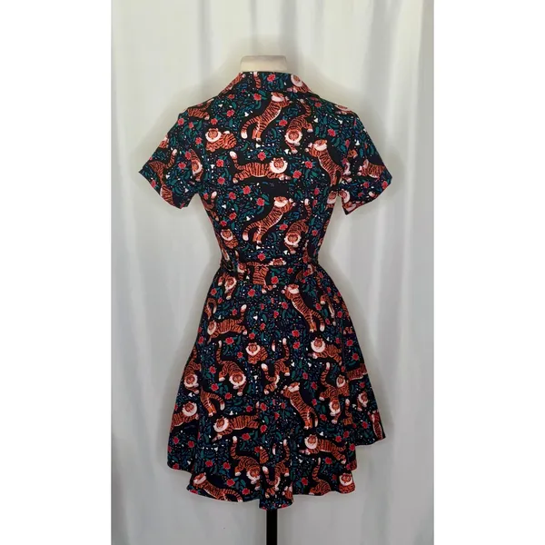 EVA‎ ROSE Tiger Flower Field Knee Length Shirt Dress Shirtdress Tie Waist Small - Image 8