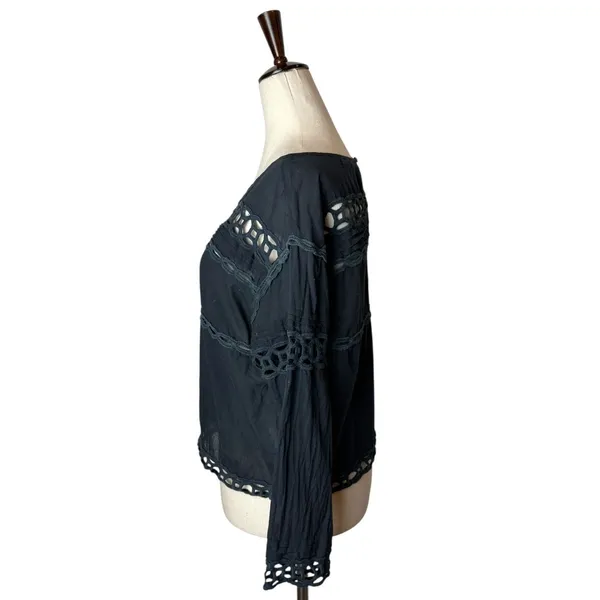Pam &‎ Gela Shirt Women Small Black Cotton Crochet Lace Top Boho Peasant Gothic - Image 6
