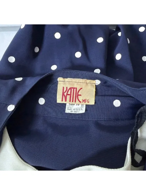 Vintage 80s Katie MFG Navy Blue White Polka Dot Midi Dress Size 16 Rockabilly - Image 2