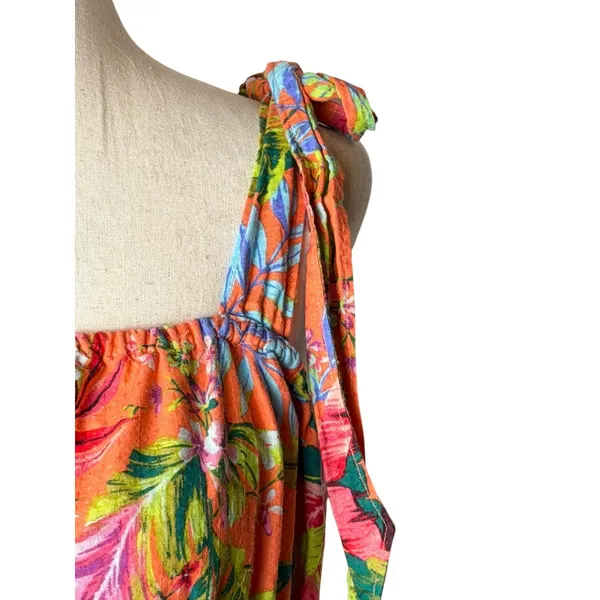 Lands' End Dress Women‎ Medium Orange Tropical Floral Smocked Tie Shoulder Midi - Image 5