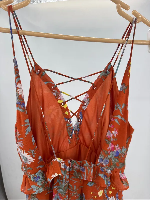 Women's Maxi floral Dress Burnt Orange open back M lace boho casual ruffle - Image 6