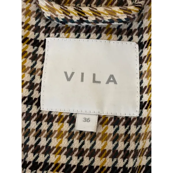 Vila Beige Plaid Tweed Collared Long Sleeve Pockets Blazer Coat Jacket Size 36 - Image 3