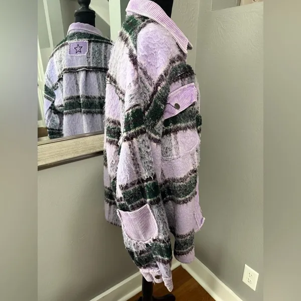 Pol x Anthropologie Purple Fuzzy Plaid Shacket Corduroy Trim Medium. - Image 7