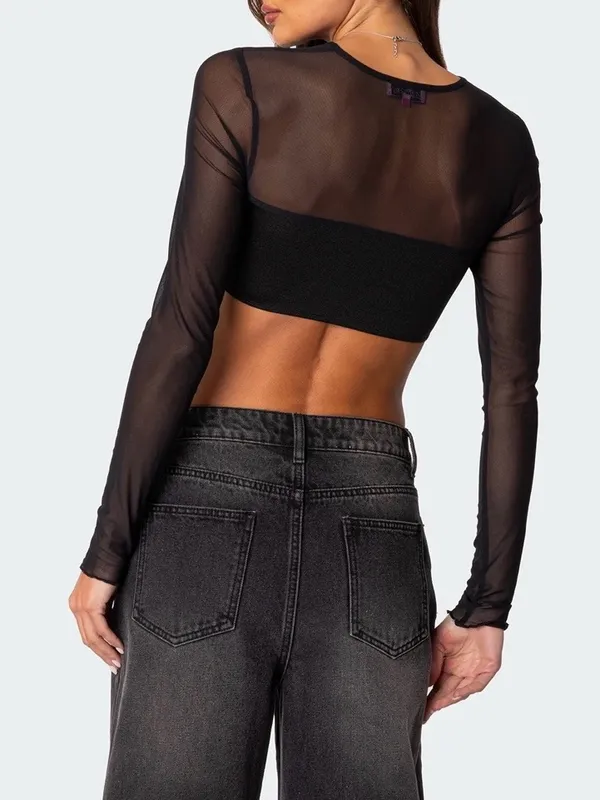Edikted Black Night Out Sheer Crop Top‎ Size XS - Image 3