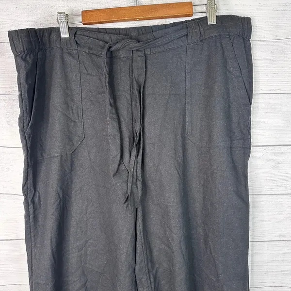 Caslon XL Black Linen Blend Wide Leg Crop Pant Raw Frayed Hem Drawstring Coastal - Image 3