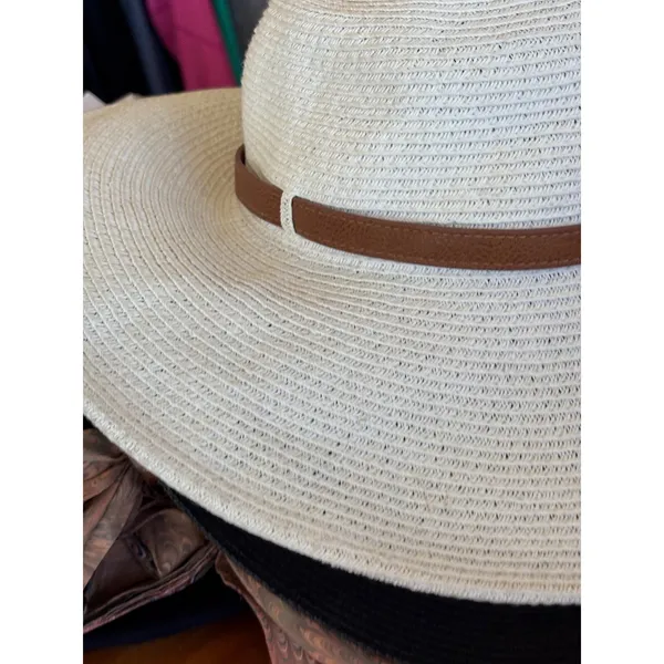 Nine West White Woven Straw Wide Brim Sun Hat with Brown Faux Leather Band Studs - Image 5