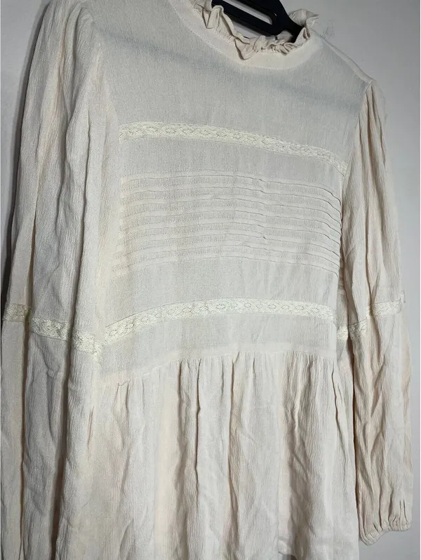 Polagram Cream Pintuck Lace Blouse Cottagecore Boho Ruffle S - Image 4