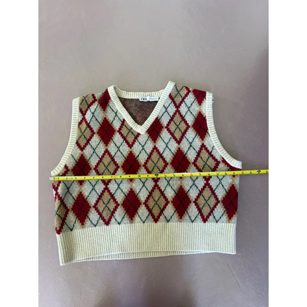 Zara Argyle Sweater Vest Preppy Academia Knit‎ Top Sleeveless Large - Image 6