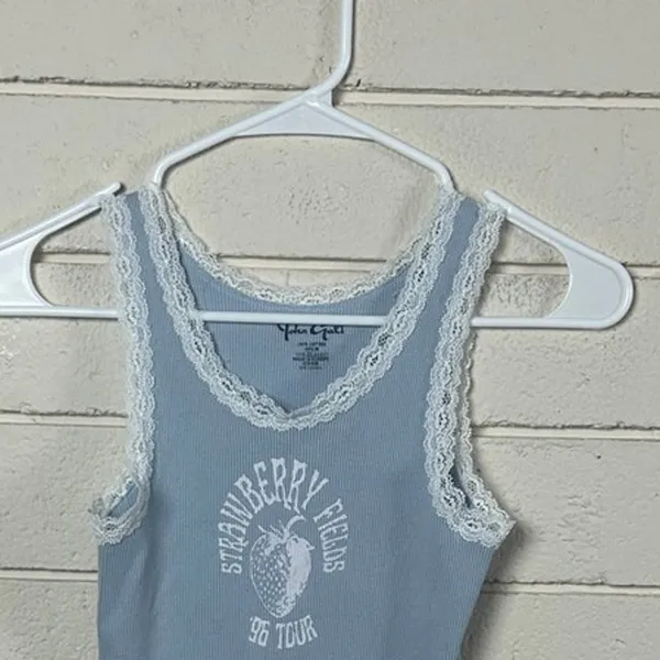 Brandy Melville Galt lace-trim "Strawberry Fields '96” blue tank one size - Image 6