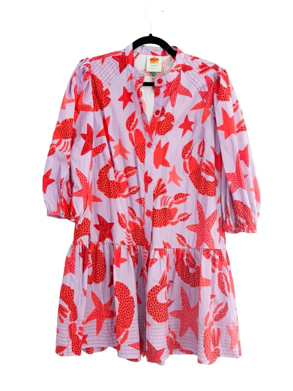 FARM RIO Red Starfish & Lobster Print Puff Sleeve Mini Dress Sz M - Image 2