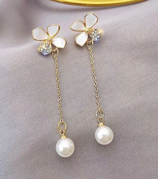 Women's White Pearl Long Tassel Dangle Drop Earrings - Image 2