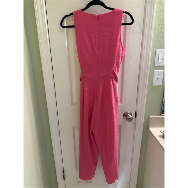 Antonio‎ Melani Linen Jumpsuit Romper Sz 6 Pink Cropped Pockets Belted Wide Leg - Image 3