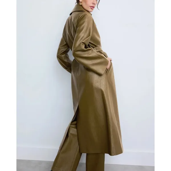 Rosetta Getty Olive Green Faux Leather Trench Coat SMALL Belted Office Work $555 - Image 3
