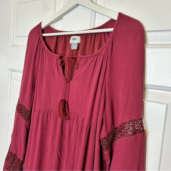 Old Navy Womens Burgundy Dress Long Sleeve Lace Detail Tassel Tie Size‎ L - Image 4