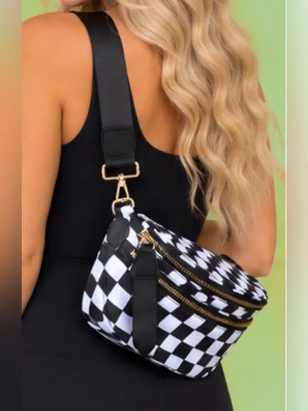 Black & White Checkered Sling Crossbody Bag – Adjustable Strap Gold Hardware - Image 2