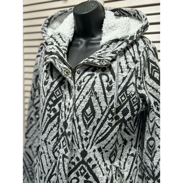 Billabong Light Gray/Black Aztec Zip Up‎ Fabric Hood Jacket Size S Pocket Logo - Image 2