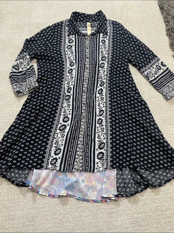 Anthropologie by Cyrena Boho Purple Printed Button-Front Mini Shirt Dress Size L - Image 16