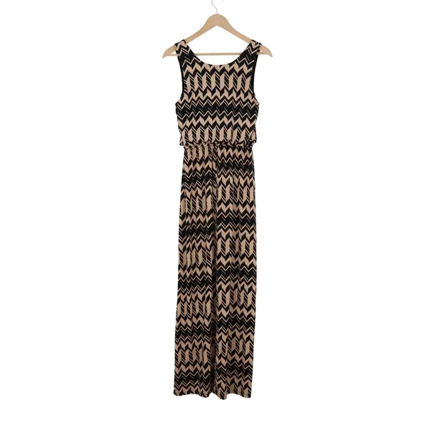 Chevron Print Maxi Dress Sleeveless Elastic Waist Tan Black Geometric S - Image 4