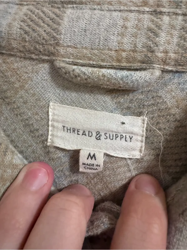 Thread & Supply Plaid Button-Down Shirt in Beige and Light Gray - Image 2