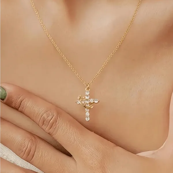 Cross Crown Zirconia Necklace Gold - Image 6
