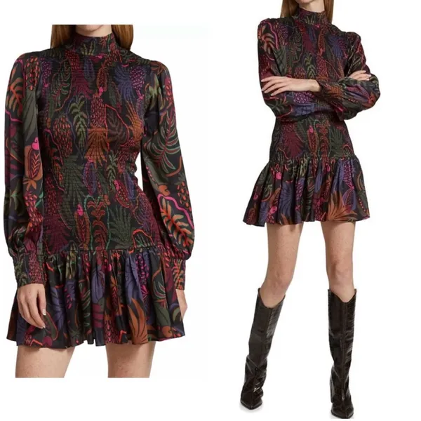 FARM Rio Frutis Dress Smocked Long Blouson Sleeve Drop Waist Multi Color Size XS - Image 2