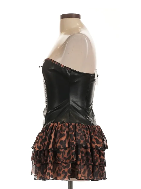 Black Faux Leather Strapless Corset Dress with Leopard Ruffle Skirt - Image 8