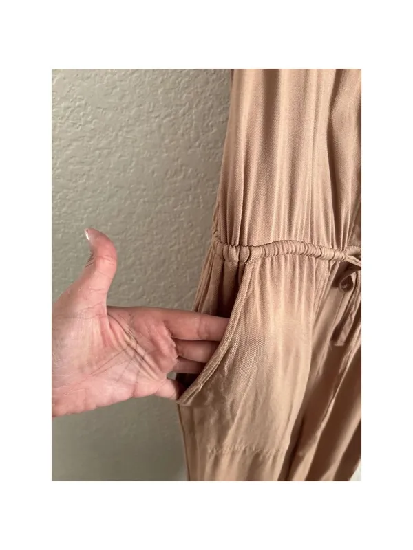 Iris Jumpsuit‎ Large Tan Brown Sleeveless Utility Jogger Button Front Rayon - Image 10