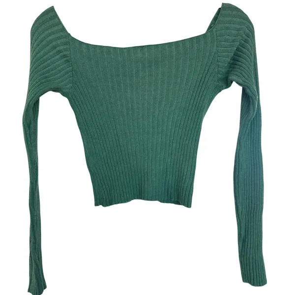 Free People Madeline Green Ribbed Long Sleeve Off The Shoulder Sweater Size S - Image 4