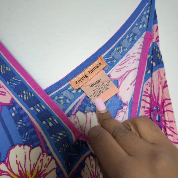 Flying Tomato Women Dress Medium Blue Pink Floral Geometric Handkerchief Hippie - Image 3