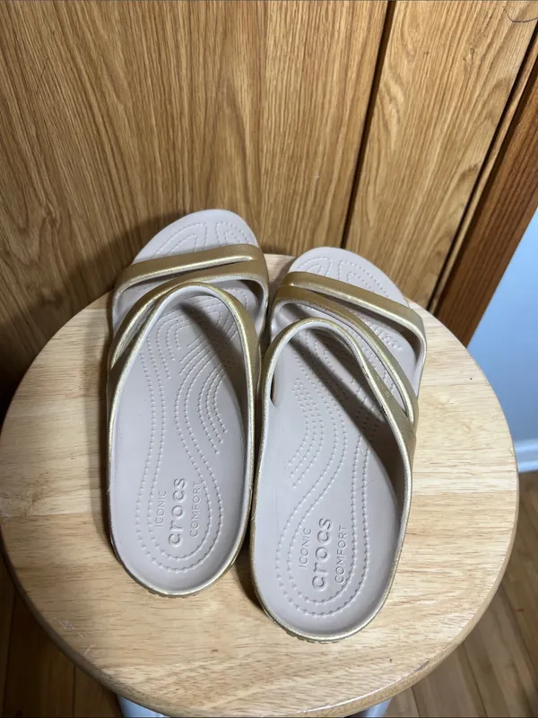 CROCS Women’s Metallic Gold Multi-Strap Slide Sandals - Image 3